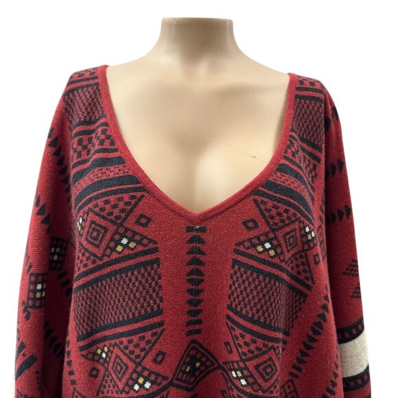 Tasha Polizzi Collection Aztec Southwestern Fringed Hem V-Neck Poncho Women OS - Picture 4 of 10